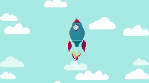 Rocket launcher flying in sky. Loop, spaceship. Pixel art Cartoon motion design. Video stock 149574161