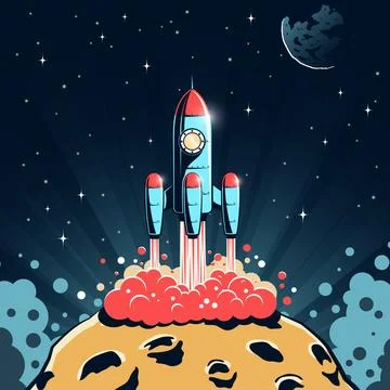 Rocket launches from asteroid with craters. Stock Illustration