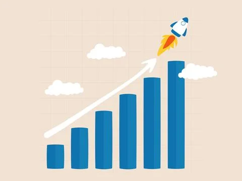 The rocket launches in the direction of the rising graph Illustrazione stock