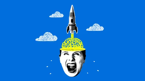 Rocket launches from a human brain. Modern collage. Startup concept Stock Footage 331633614