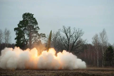 Rocket launching, 6 frames sequence. 1 Fire, clouds of smoke and dust duri... Stock Photos