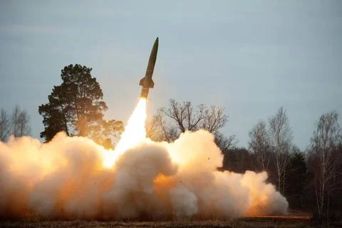 Rocket launching, 6 frames sequence. 5 Fire, clouds of smoke and dust duri... Stock Photos