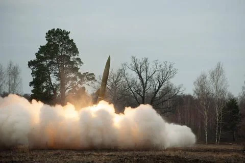 Rocket launching, 6 frames sequence. 2 Fire, clouds of smoke and dust duri... Stock Photos