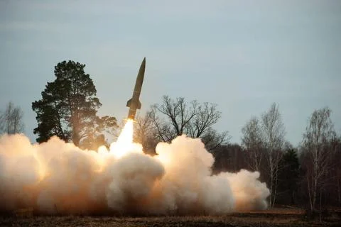 Rocket launching, 6 frames sequence. 4 Fire, clouds of smoke and dust duri... Stock Photos