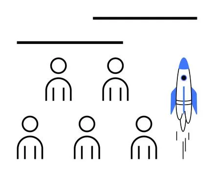 Rocket Launching Above a Group of Simple Human Figures with Horizontal Lines Stock Illustration