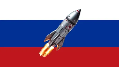 Rocket launching against the Russian flag. Stock Footage 340331747
