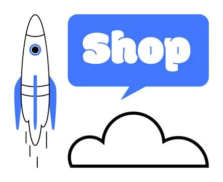 Rocket launching beside a cloud and blue speech bubble with shop text. Ideal  Stock Illustration