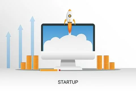 Rocket launching from computer screen for startup growth Stock Illustration