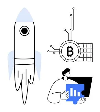 Rocket launching with data analysis symbolized by blue chart, and Bitcoin sym 스톡 일러스트