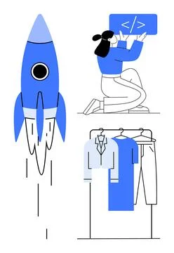 Rocket launching, developer writing code, clothes display on hangers. Ideal f イラスト素材