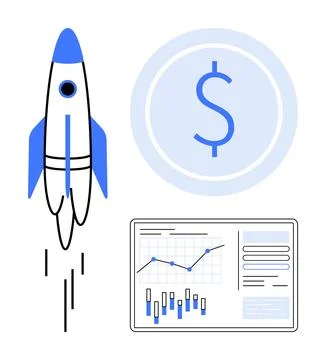Rocket launching with financial graph and dollar symbol illustrating growth.. Illustrazione stock