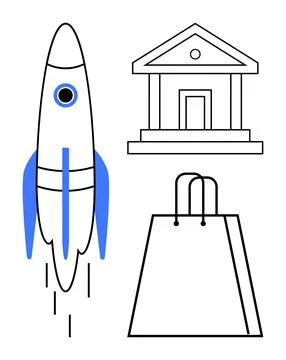 Rocket launching, financial institution building, and shopping bag representi Ilustración de archivo
