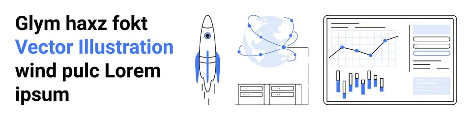 Rocket launching, globe with network links, chart dashboard, and window panel Stock Illustration