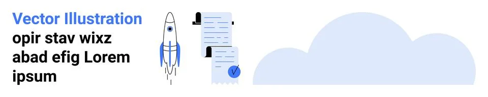 Rocket launching icon, vertical documents with person icons and checkmark, an Illustrazione stock