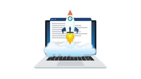 Rocket launching from laptop computer screen on white and green screen Stock Footage 319024404