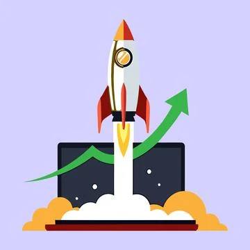 Rocket launching from a laptop with a rising graph flat vector illustration Stock Illustration