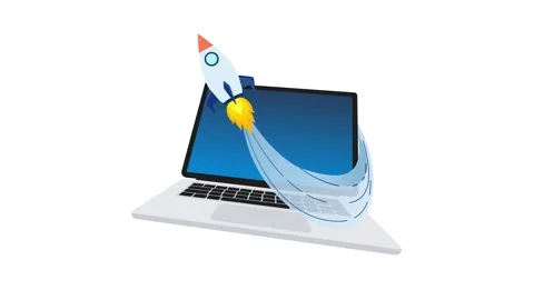 Rocket launching from laptop screen on white and green screen Stock Footage 319025017