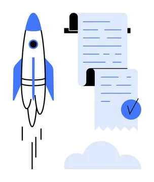 Rocket launching next to a long checklist and cloud. Ideal for startup planni 스톡 일러스트