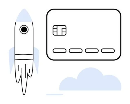 Rocket launching next to a payment card hovering above a cloud. Ideal for fin Stock Illustration