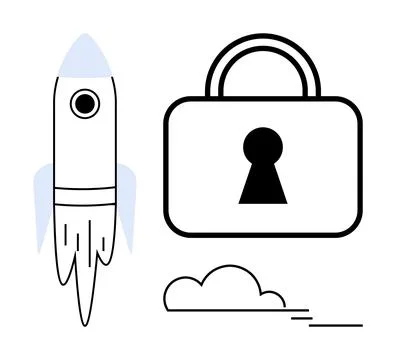 Rocket launching, secure padlock, and cloud with line elements. Ideal for inn イラスト素材