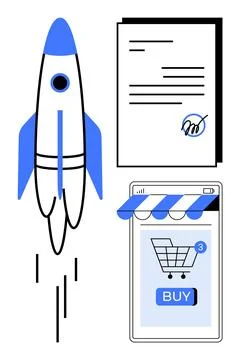 Rocket launching, signed document, and online shopping cart with buy button I Stock Illustration