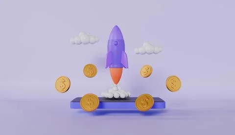 Rocket launching from smartphone with dollar coin, business start up Stock Illustration
