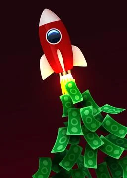 Rocket launching with smoke and dollar flying money. Business start-up concept. Stock Illustration