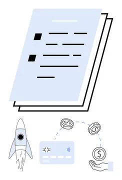 Rocket launching, stack of documents, credit card, coins, and hand holding co Stockillustratie