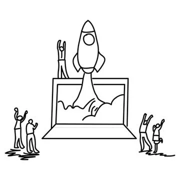 Rocket launching from a stage with cheering people Stock Illustration
