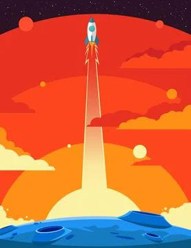 Rocket launching from the surface of blue alien planet with craters Stock Illustration