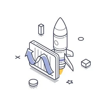 Rocket launching upwards with a bar graph on a platform. This design emphasiz Stock Illustration
