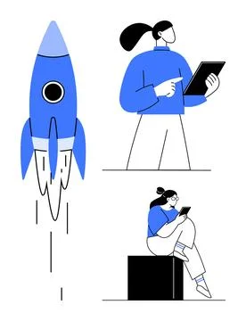 Rocket launching vertically while people stand and sit with tablets. Ideal fo Stock Illustration