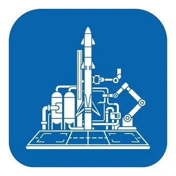 Rocket launchpad icon in blue with spacecraft, robotic arm, and solar panels. Stock Illustration