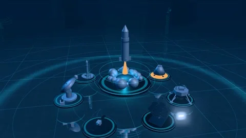 Rocket Lifting Off Above A Ring Of Floating Spaceport Platforms Vídeos de archivo 344015391