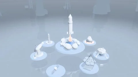 Rocket Lifting Off Above A Ring Of Floating Spaceport Platforms In A Bright Stock Footage 344103515