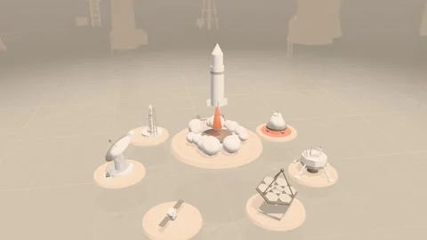 Rocket Lifting Off Above A Ring Of Floating Spaceport Platforms In Soft Matte Stock Footage 344110959