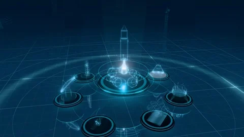Rocket Lifting Off Above A Ring Of Floating Spaceport Platforms As A Glowing Stock-Footage 344394731