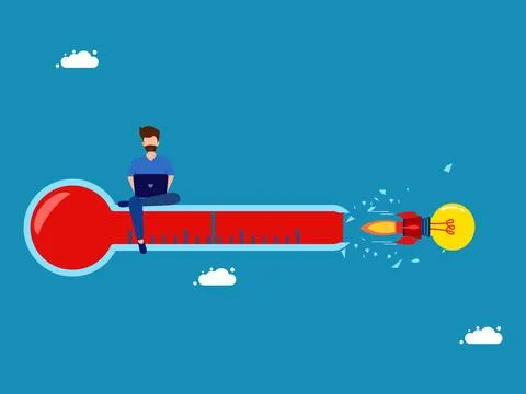 Rocket light bulb flies into a broken thermometer Stock Illustration