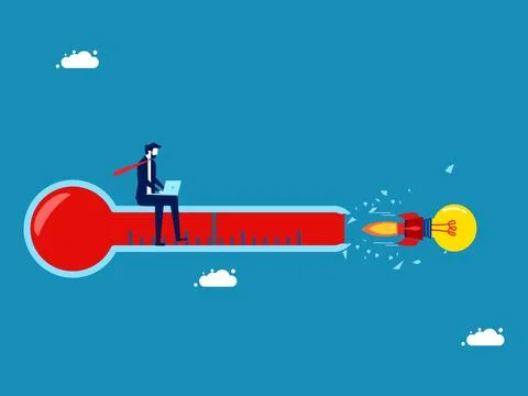 Rocket light bulb flies into a broken thermometer Illustrazione stock