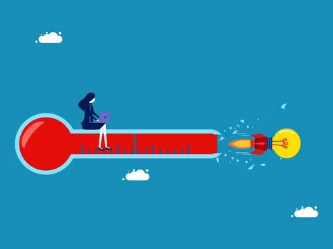 Rocket light bulb flies into a broken thermometer Illustrazione stock