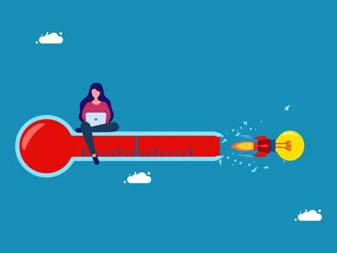 Rocket light bulb flies into a broken thermometer Illustrazione stock