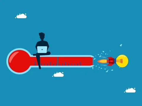 Rocket light bulb flies into a broken thermometer Illustrazione stock