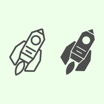 Rocket line and solid icon. Cosmic space ship flying with fire outline style Stock Illustration