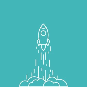 Rocket line ship with fire and clouds. Isolated on blue background. Flat line Stock Illustration