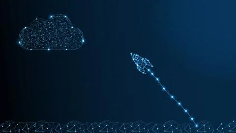 Rocket Made by Points and Lines, Polygonal Mesh with Stars on Night Sky above Stock Illustration