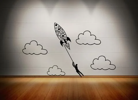 Rocket with man at white wall in room Stock Illustration