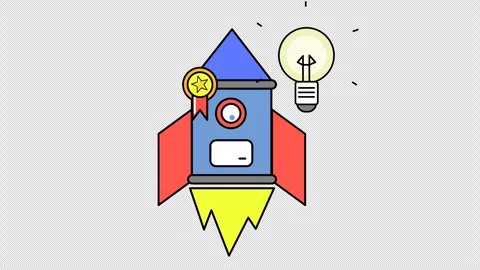 A rocket with a medal and a light bulb. Cartoon animation. Creative breakthrough Stock Footage 291006548