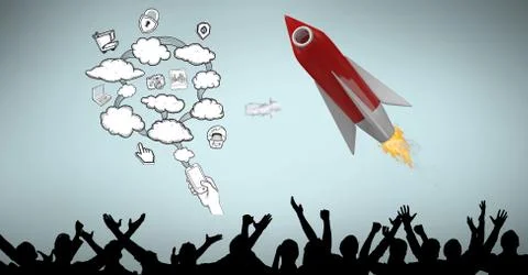 Rocket in midair by cloud icons over silhouette people Foto stock