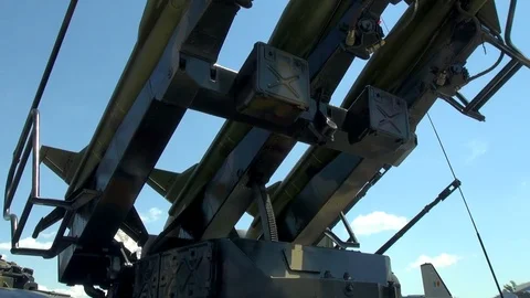 Rocket missile launcher with three missiles on mobile transportation Stock Footage 79592682
