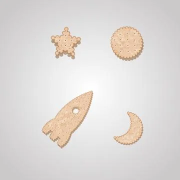 Rocket, moon and star cracker-shaped cookies. Biscuit cookie cracker collecti Stock Illustration
